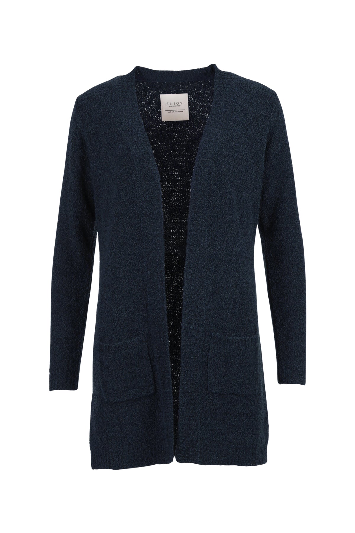 Navy blauwe boucle vest van Enjoy met knopen, getoond op een persoon, close-up van het ontwerp en textuur.