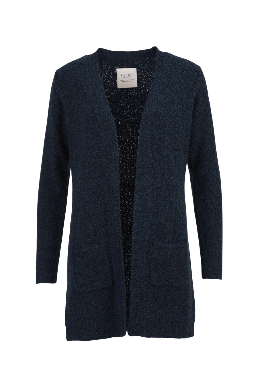 Navy blauwe boucle vest van Enjoy met knopen, getoond op een persoon, close-up van het ontwerp en textuur.