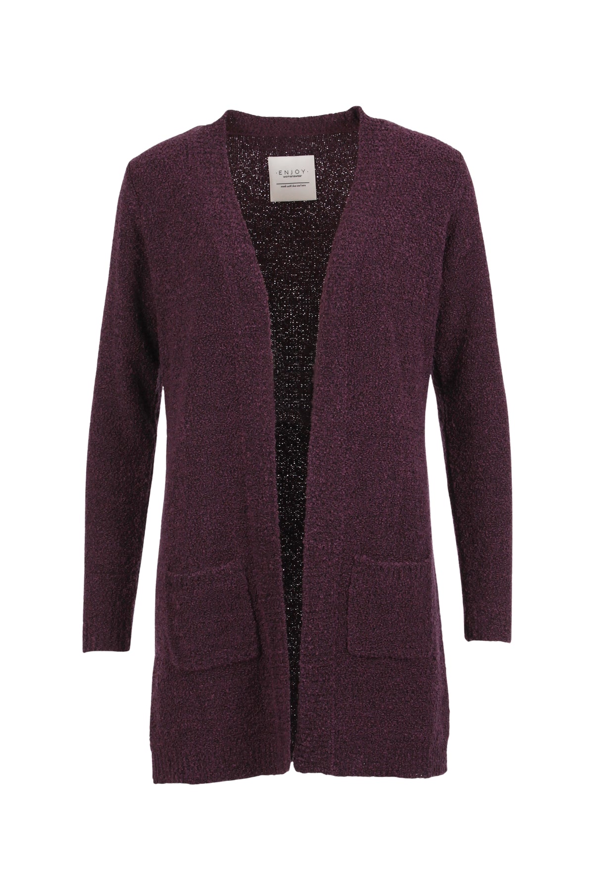 Donkere boucle vest van Enjoy met knoopsluiting en ronde hals, gedragen door een model.
