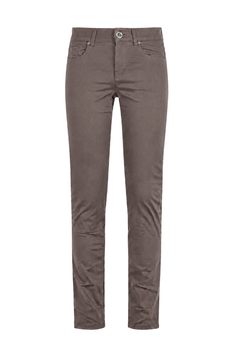 Donkerbruine Enjoy 5-pocket broek met een casual pasvorm, zichtbaar met details van de zakken en stikwerk.