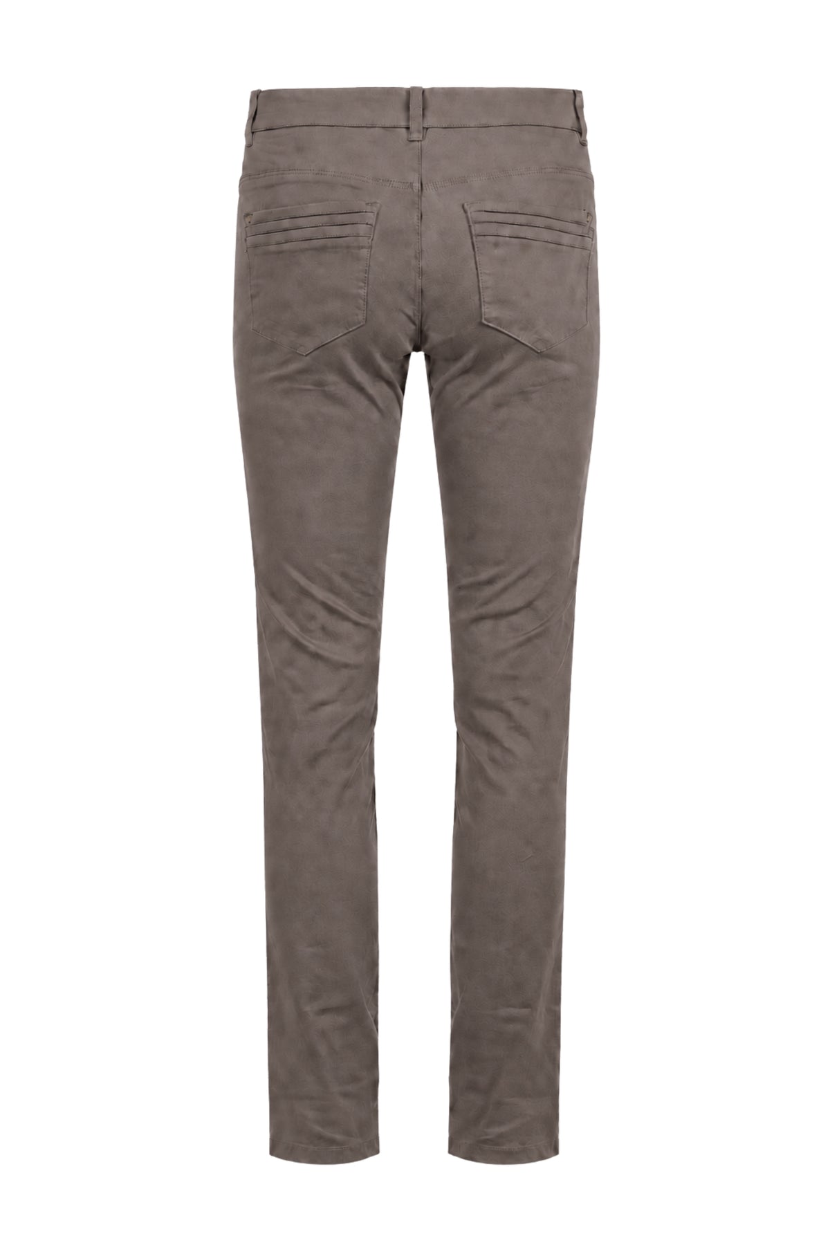 Donkerbruine 5-pocket broek van Enjoy, close-up van de stof en pasvorm, modieuze casual broek voor heren.