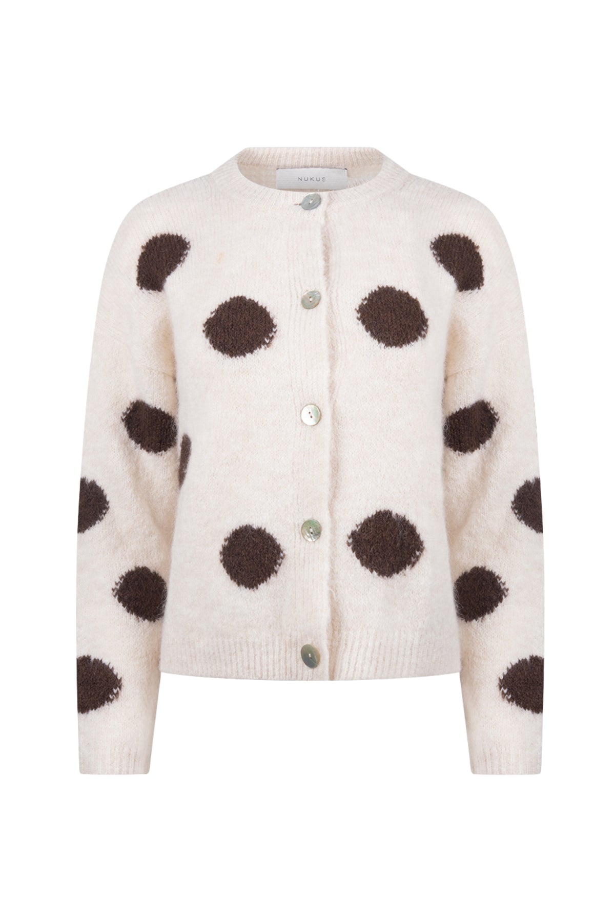 Offwhite chocolade vest met dots van Nukus, Laure Dots collectie, zachte en stijlvolle damesjas, close-up van het textiel.
