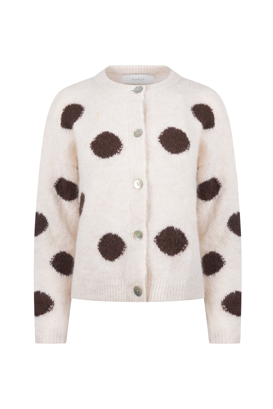 Offwhite chocolade vest met dots van Nukus, Laure Dots collectie, zachte en stijlvolle damesjas, close-up van het textiel.