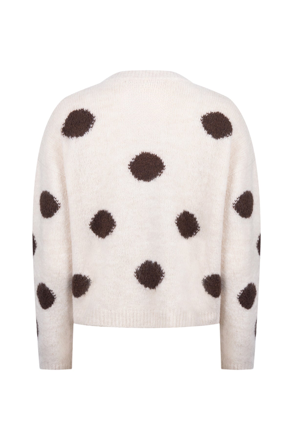 Offwhite chocolade vest met dots van Nukus, Laure Dots collectie, zachte stof en casual pasvorm, zichtbaar in de afbeelding.