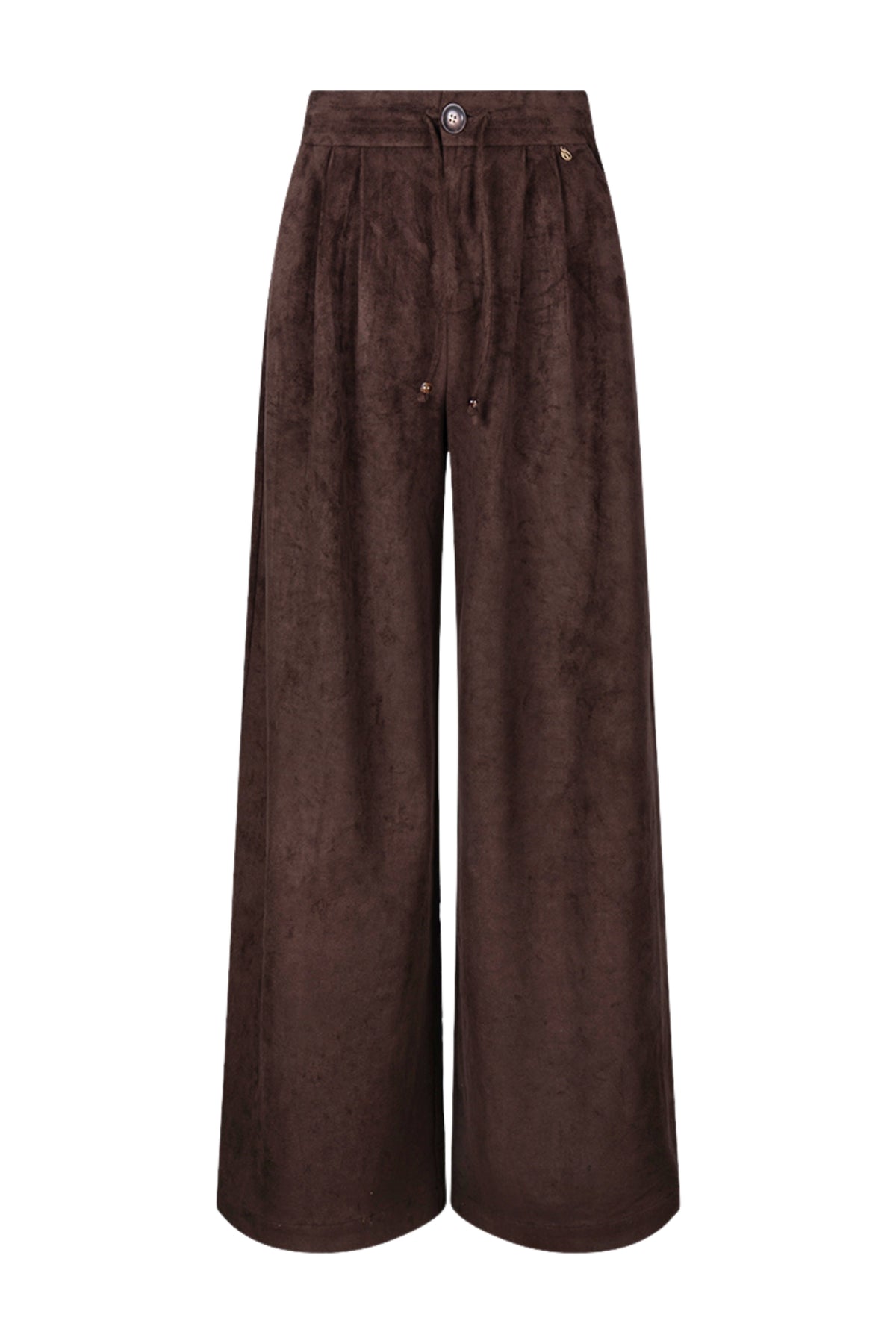 Donkere suède broek van Nukus, model Bertie in chocoladebruin, met rechte snit en stijlvolle uitstraling.