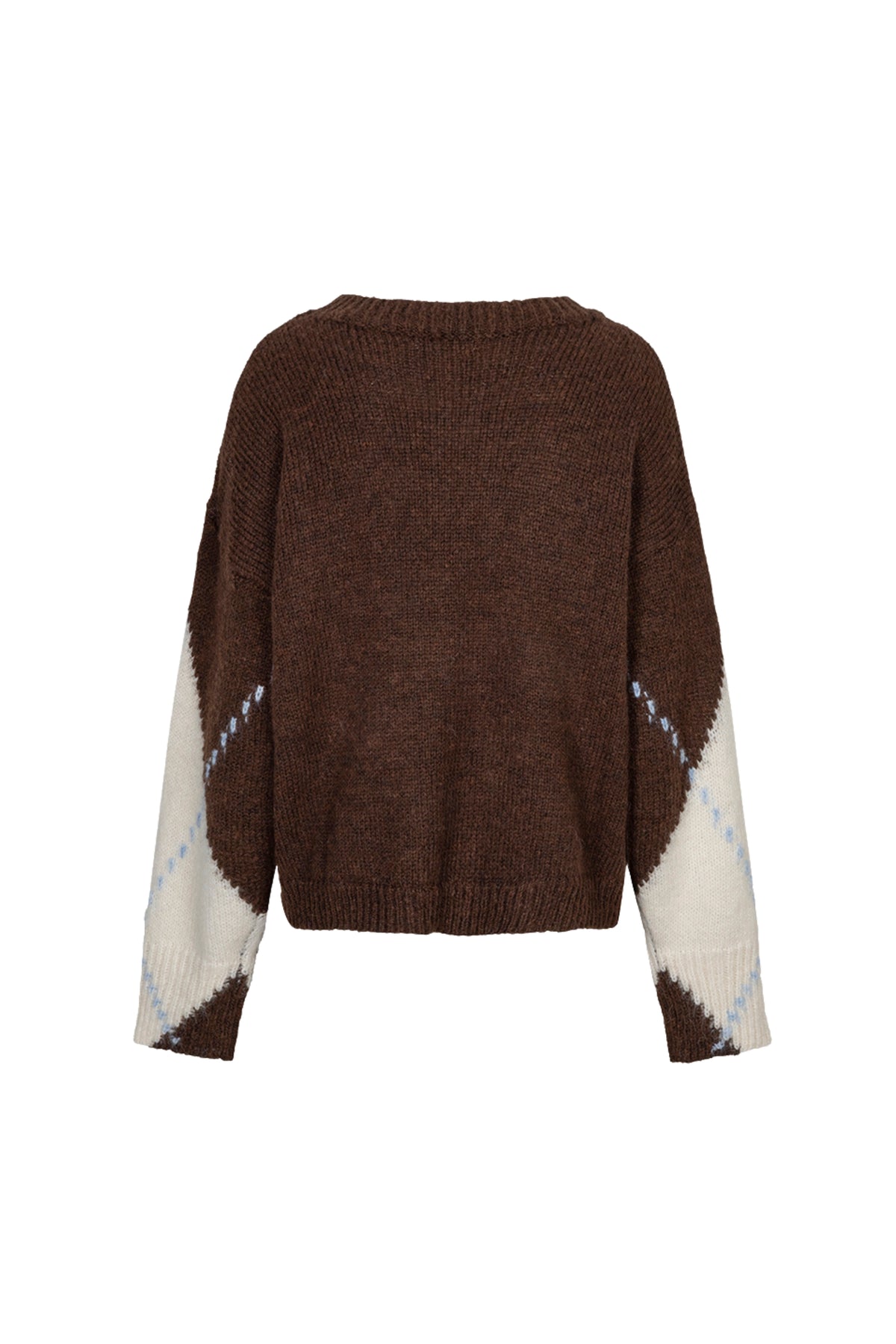 Brede geruite EsQualo sweater met argyle patroon in bruin, beige en blauw, gelegen op een witte achtergrond.
