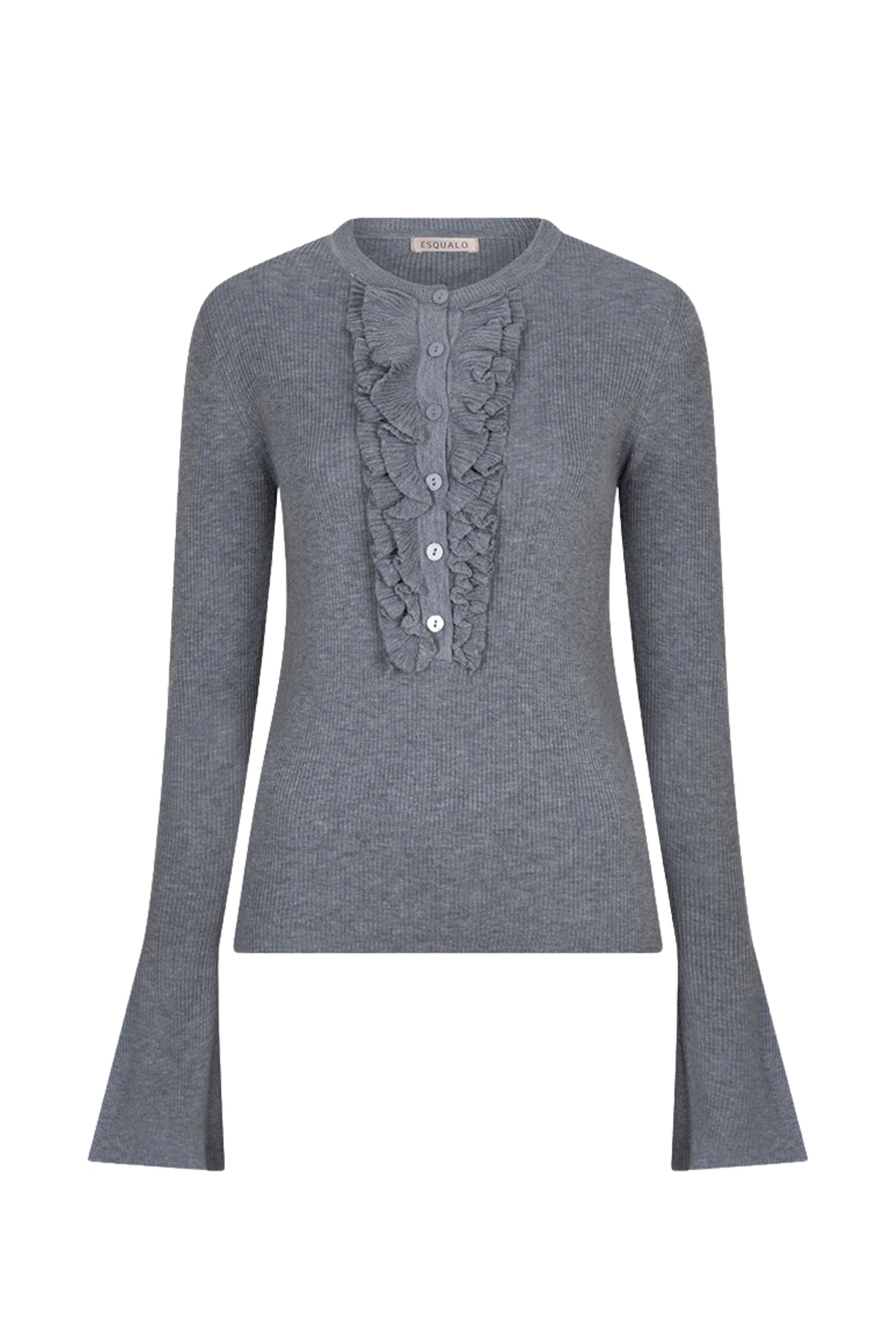 Grijze melange ribgebreide sweater met ruches van EsQualo, zichtbaar met details en textuur in de afbeelding.