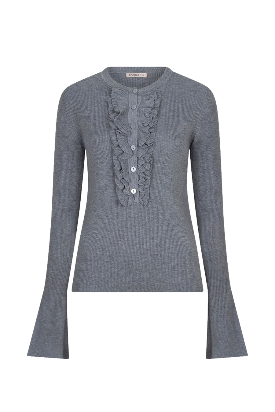 Grijze melange ribgebreide sweater met ruches van EsQualo, zichtbaar met details en textuur in de afbeelding.