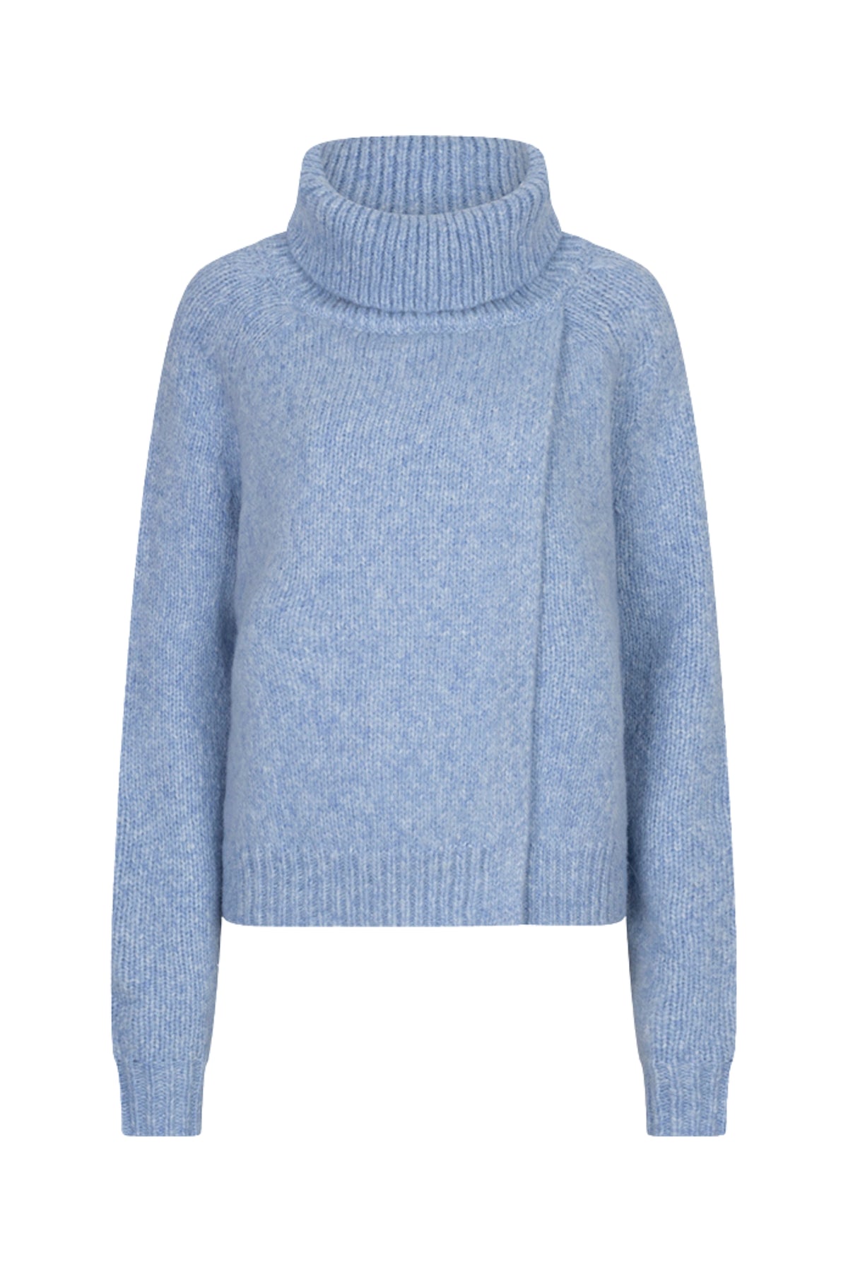 Blauwe open trui van EsQualo met grote Sky Blue kleur, gedragen door een model, close-up van de textuur en pasvorm.