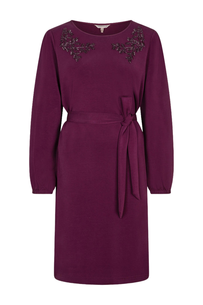 Lichte modal jurk met embellishment details van EsQualo, model Beet W26.05704, met sierlijke afwerking en elegante stijl.
