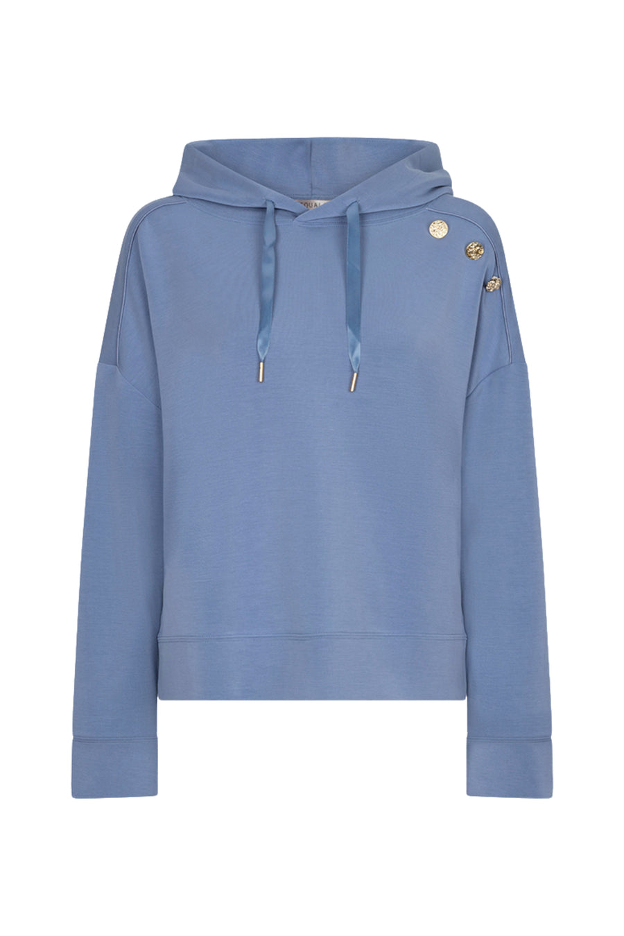 Donkerblauwe sweater met sierknopen van EsQualo, W26.05706, getoond op een model met gedetailleerde close-up van de knopen.