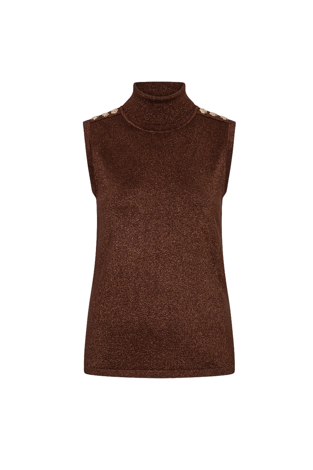 Lurex gebreide trui van EsQualo in koffiebruin met glanzende details, gedragen door een model, close-up van het textuurpatroon.