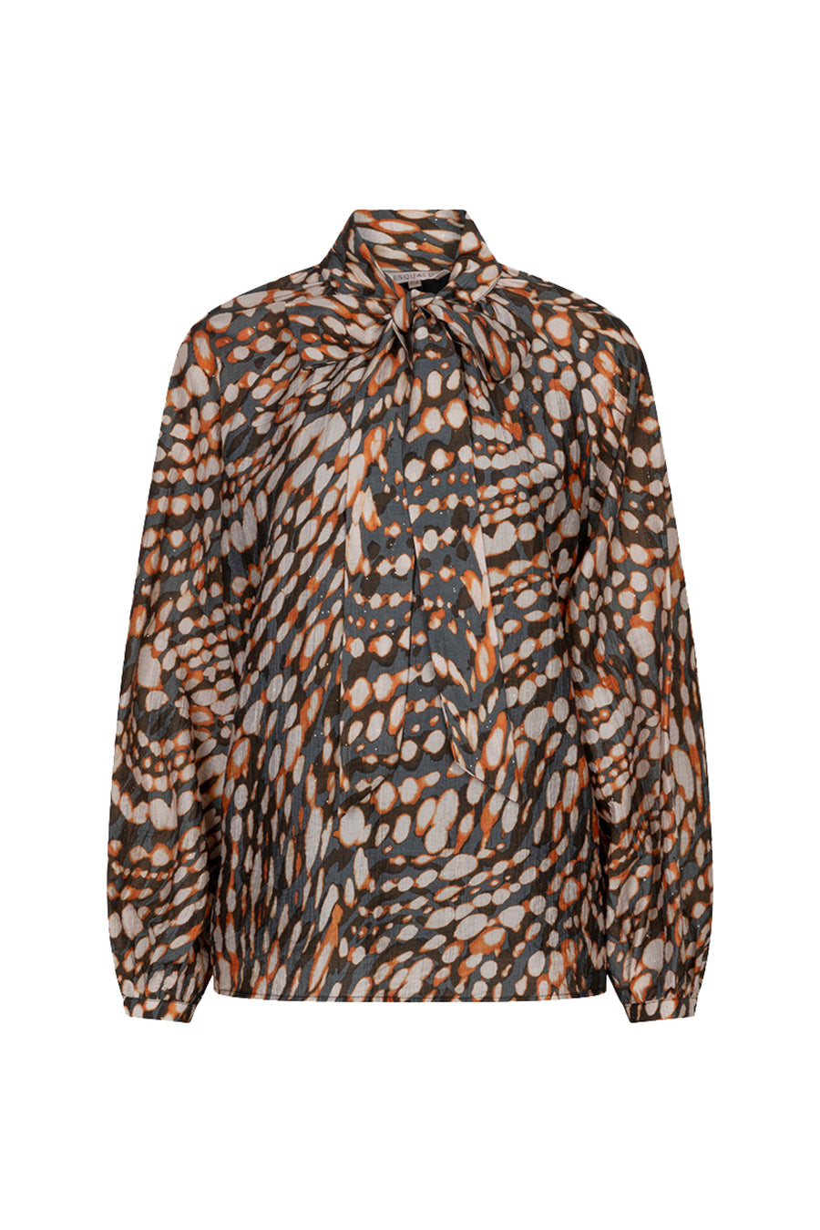 Elegante EsQualo blouse met strik, glinsterende stippenprint, korte mouwen en vrouwelijke uitstraling.