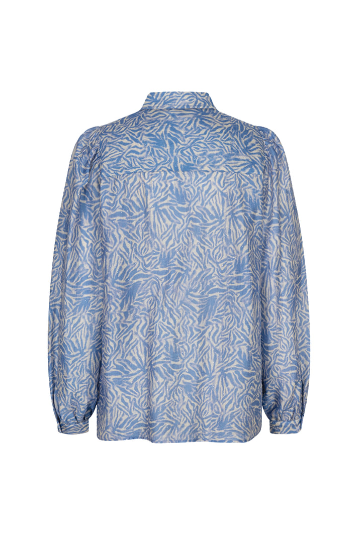Blouse van EsQualo met Frozen Sky print, korte mouwen en losse pasvorm, liggend op een witte achtergrond.