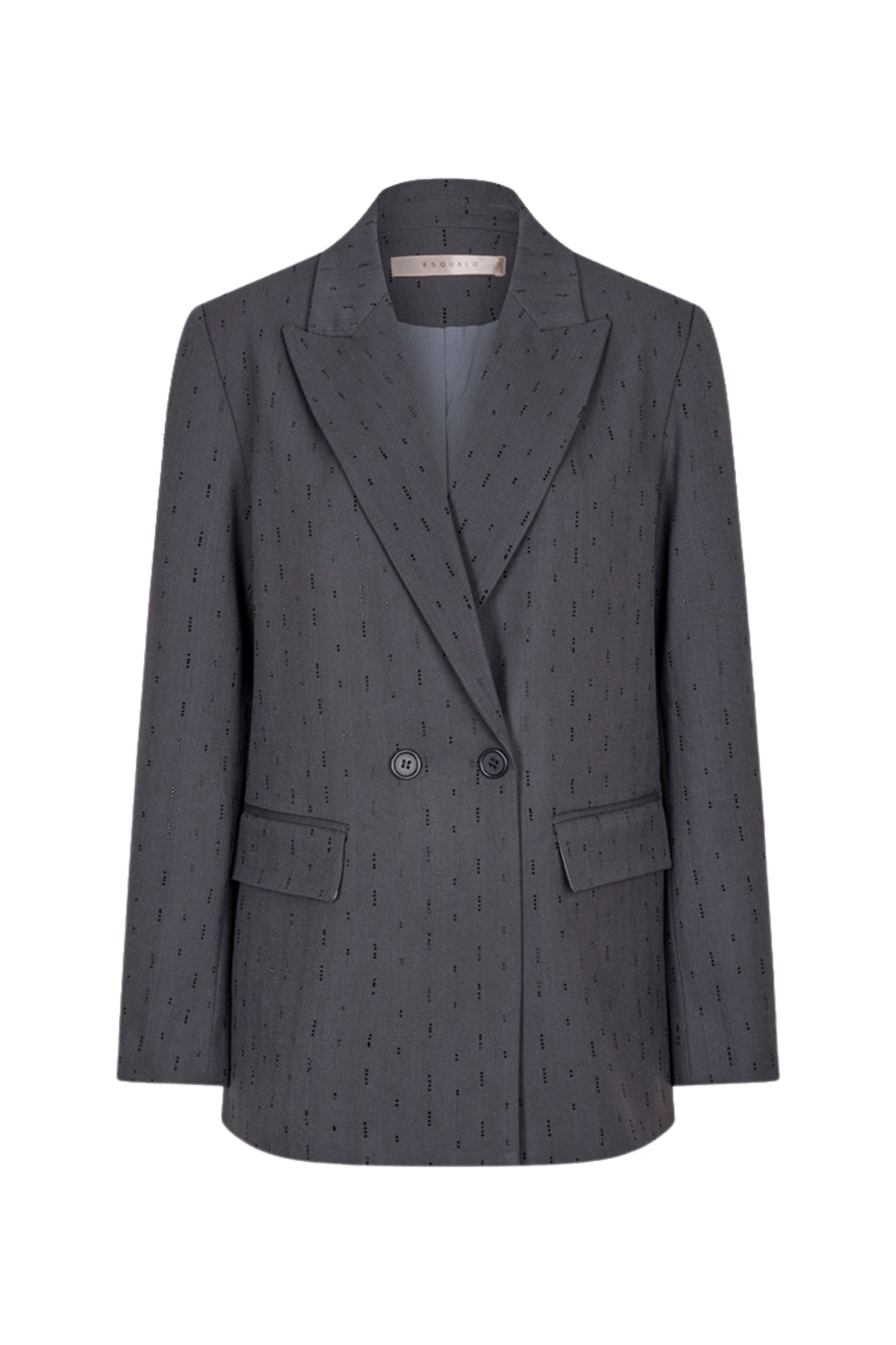 Zwart blazer van EsQualo met rhinestones, gedragen door een model, close-up van de details en pasvorm.