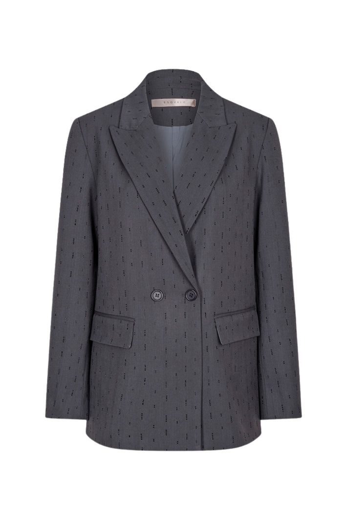 Zwart blazer van EsQualo met rhinestones, gedragen door een model, close-up van de details en pasvorm.