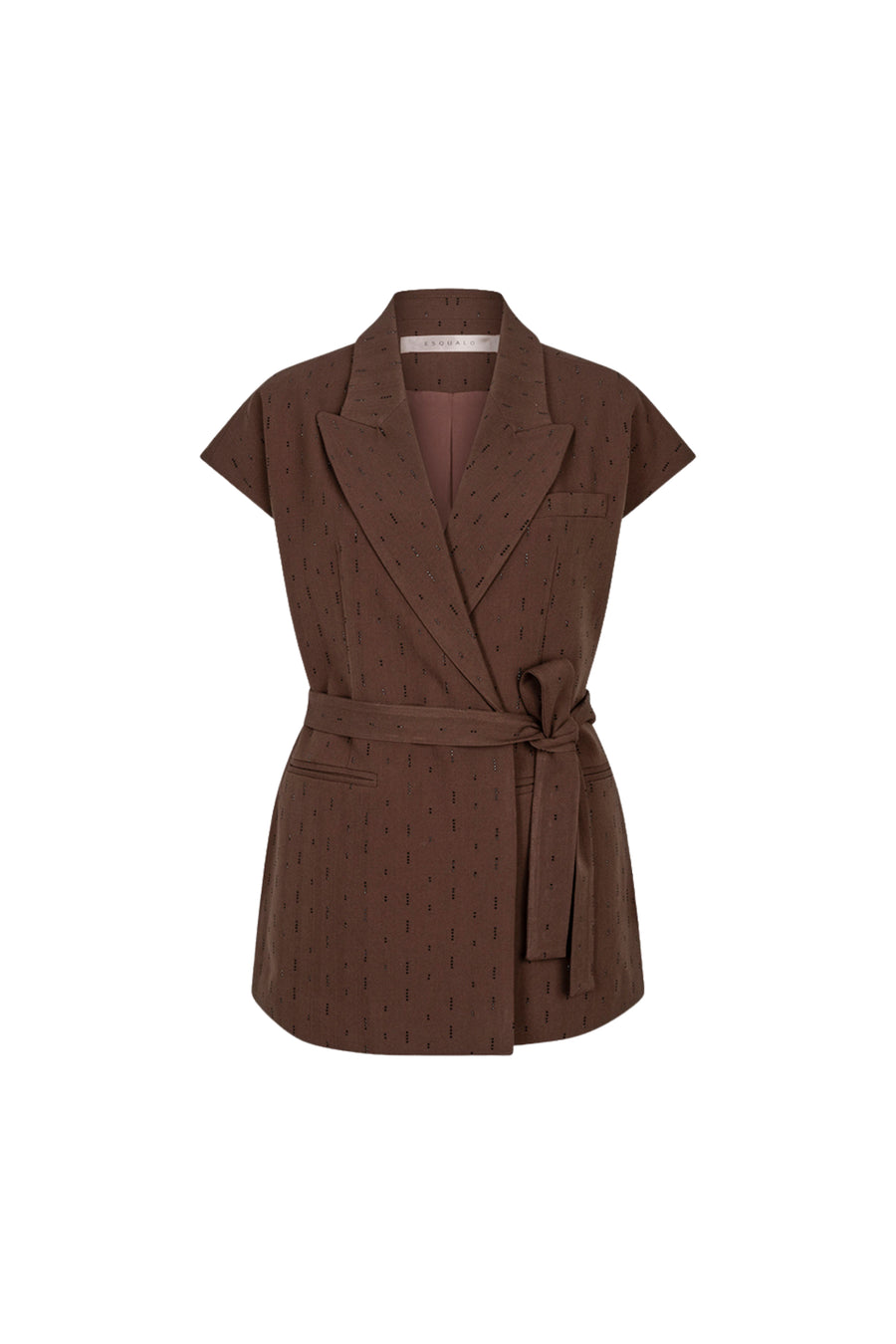EsQualo gilet met rhinestones in koffiebruine kleur, elegante en glanzende details, gedragen door een model op de foto.