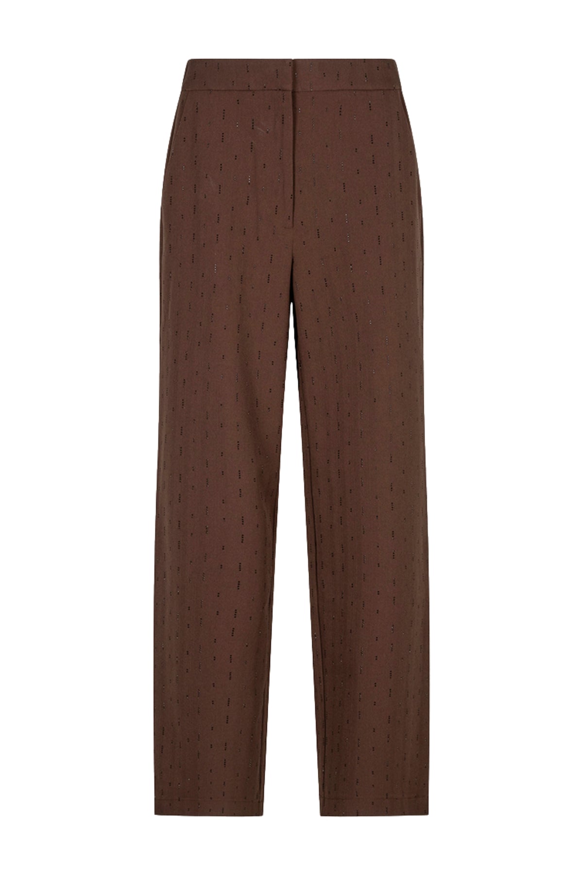 EsQualo broeken met rhinestones in coffee kleur, korte close-up van de details en stoffen textuur.