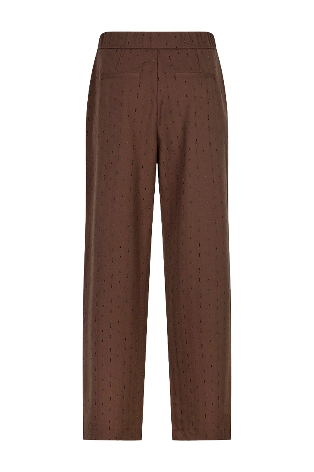 EsQualo broek met rhinestones in koffie kleur, stijlvolle damesbroek met glanzende details, op een witte achtergrond.