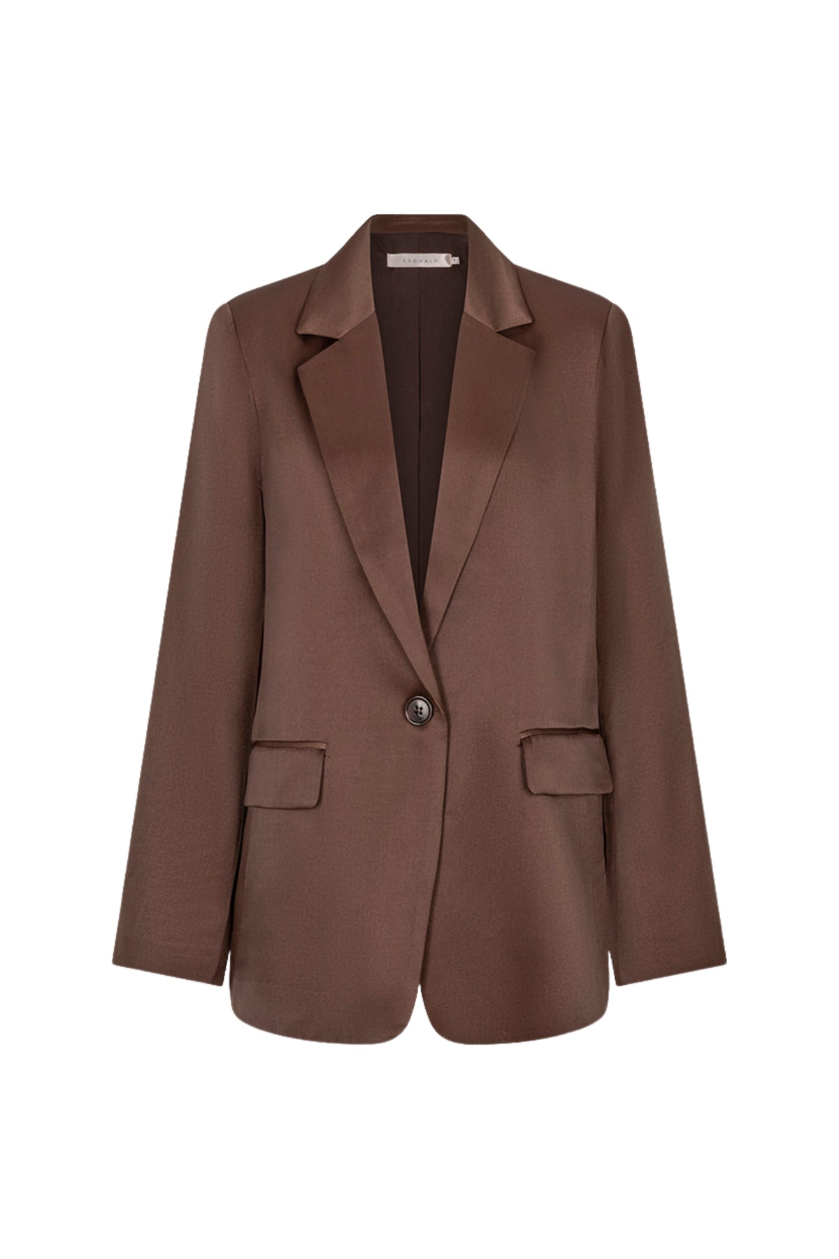 Glanzende bruine blazer van EsQualo, stijlvolle pasvorm, met knopen en revers, gedragen door een model.