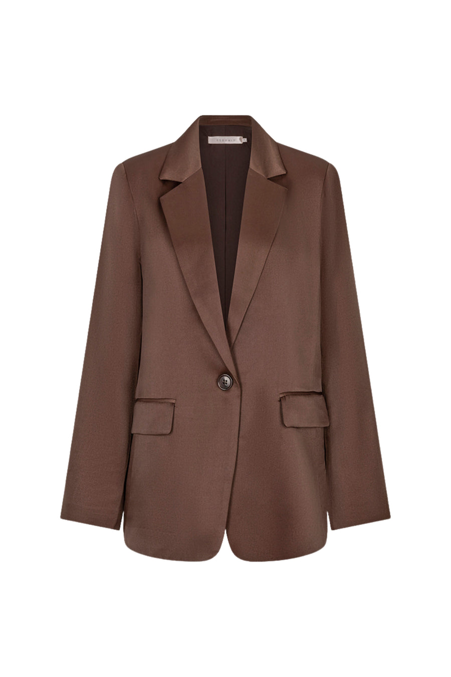 Glanzende bruine blazer van EsQualo, stijlvolle pasvorm, met knopen en revers, gedragen door een model.