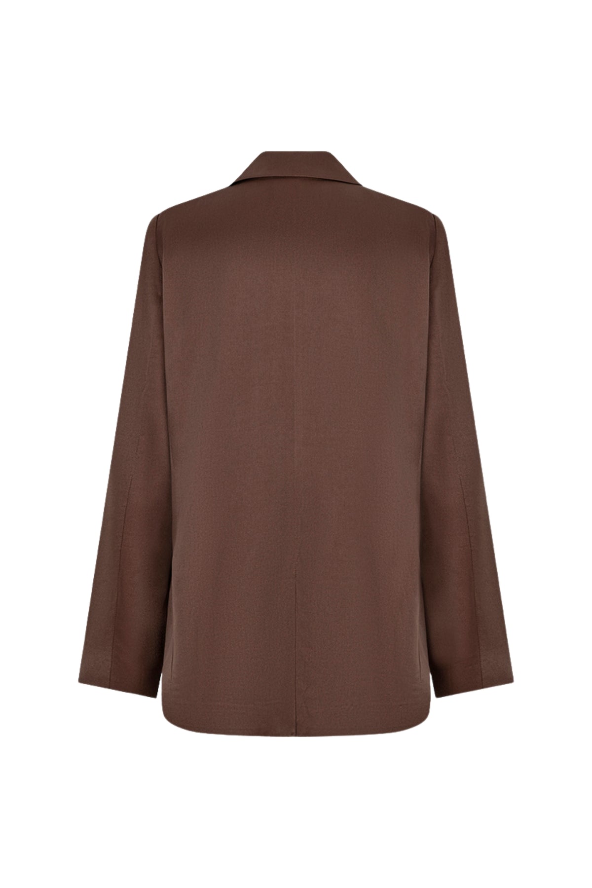 Glanzende bruine blazer van EsQualo met stijlvolle pasvorm en knoopsluiting, gedragen door een model.