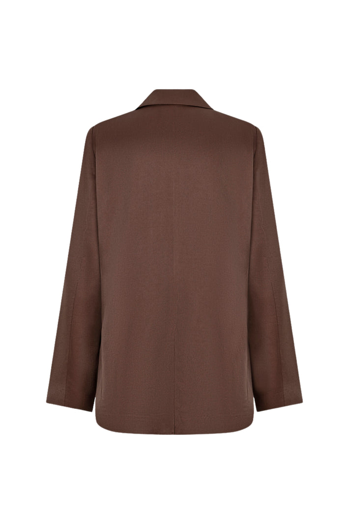 Glanzende bruine blazer van EsQualo met stijlvolle pasvorm en knoopsluiting, gedragen door een model.