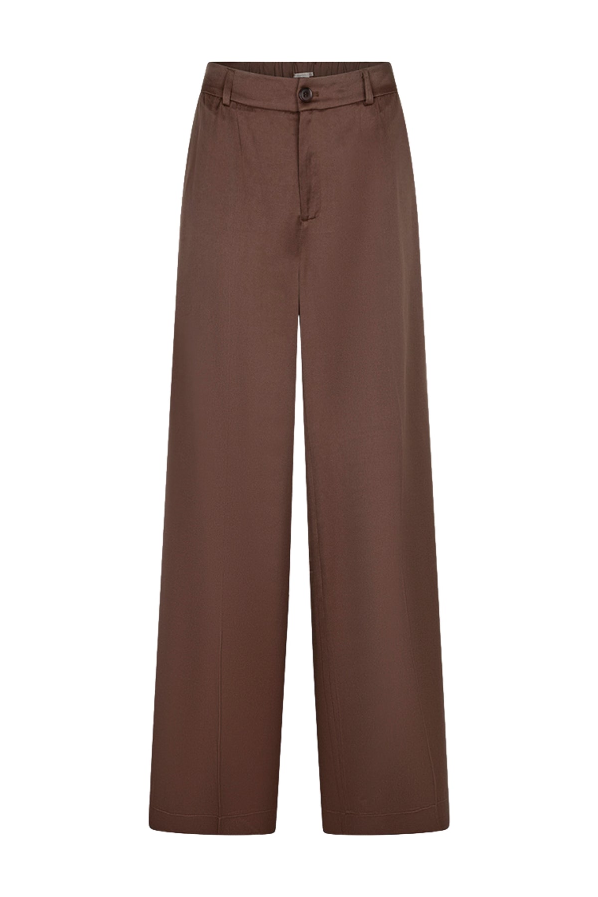 Glanzende EsQualo broek in koffiebruin met wijde pasvorm, zichtbaar met taille en mooi vallende stof.