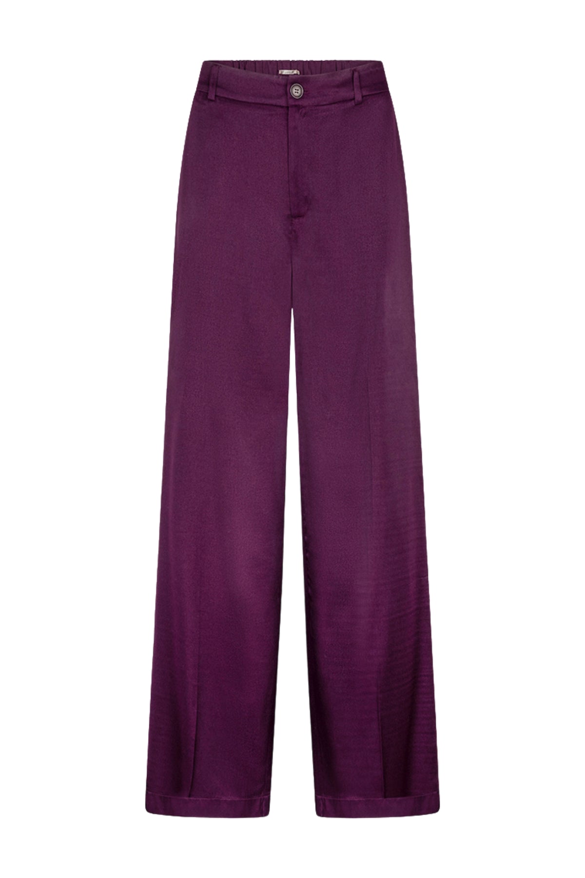 Glanzende EsQualo broek in beetkleur met wijde pijpen, maat W26, op een model gedragen, close-up van de stof en pasvorm.