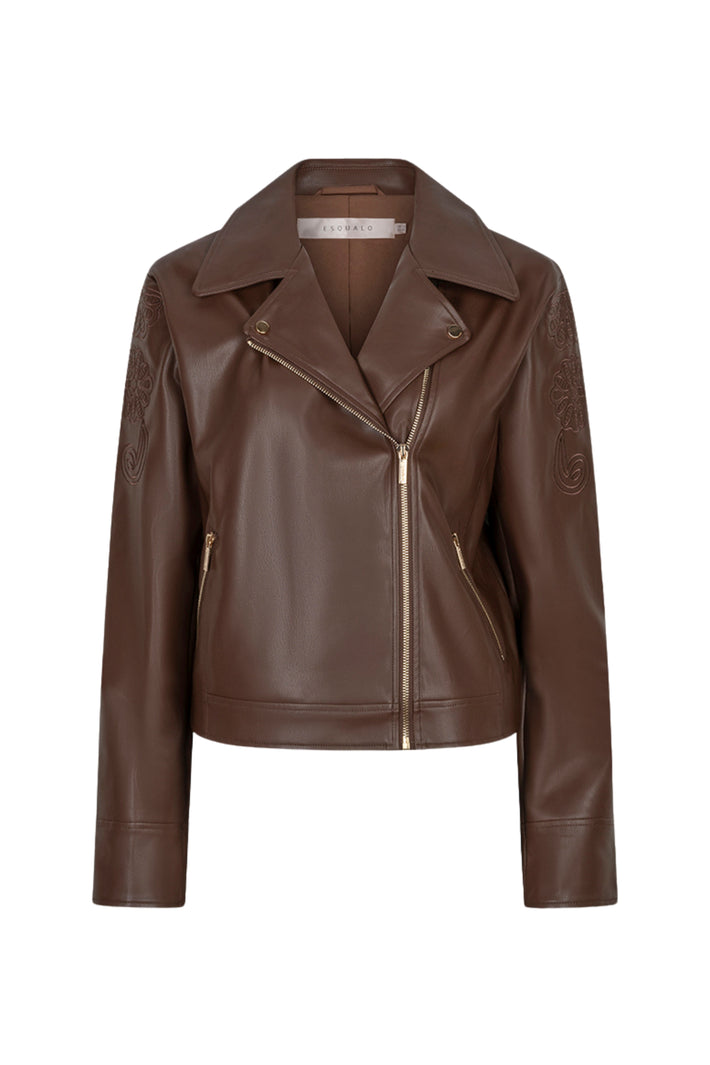 EsQualo jas BiW26.11700ker met geborduurd ontwerp van PU-koffiekleurig materiaal, stijlvolle en comfortabele outerwear.