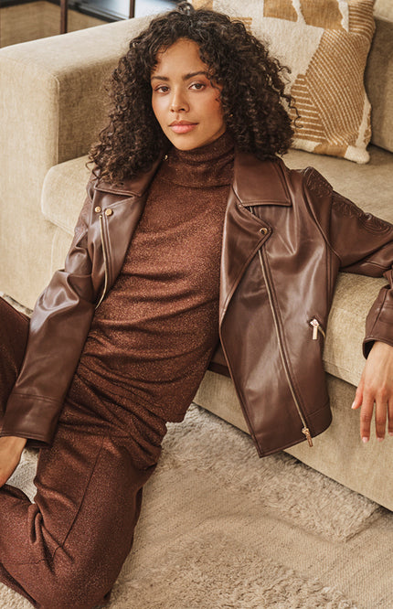 Jacket Biker Embroidery PU Coffee W26.11700
