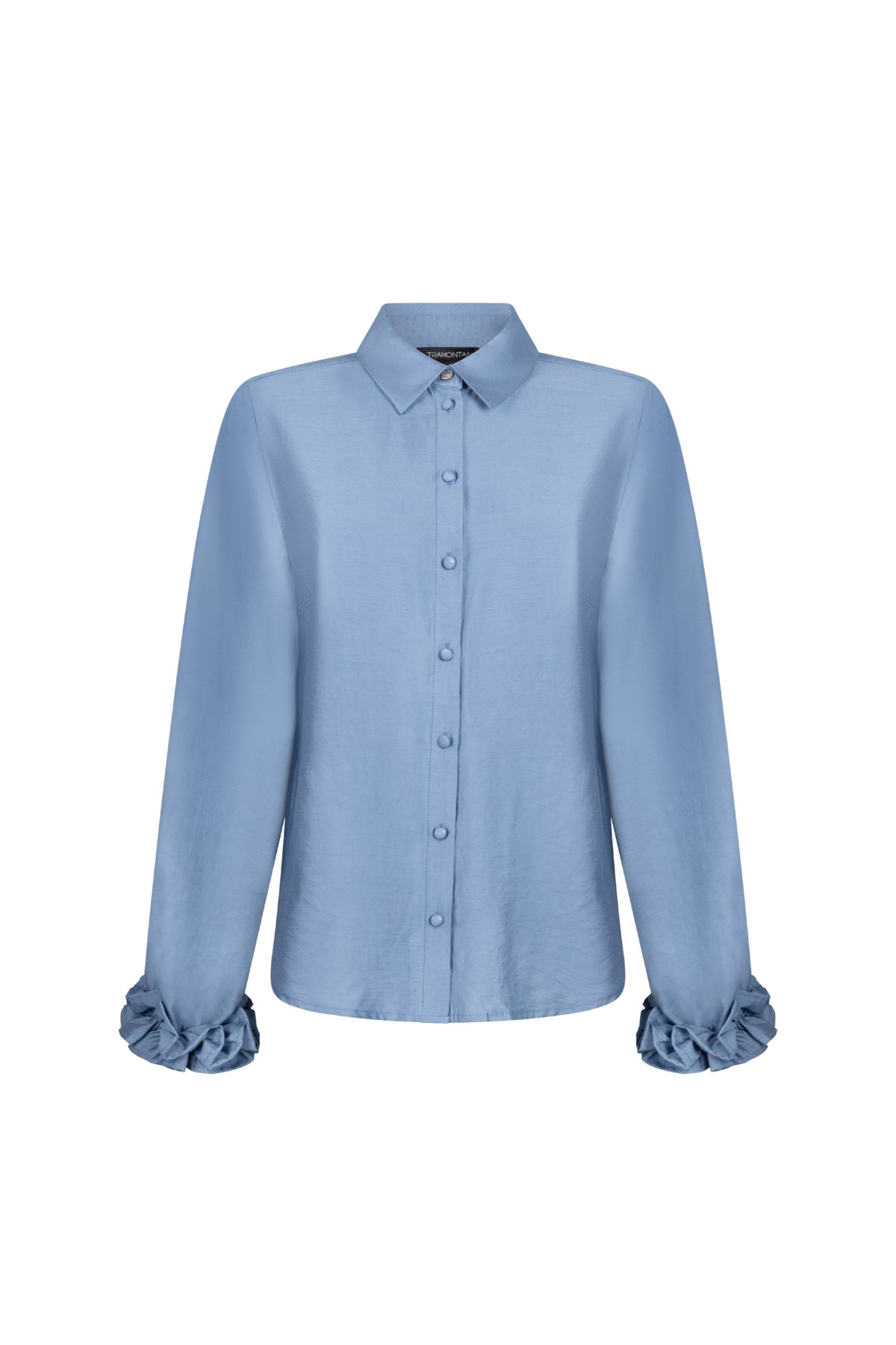 Blouse van Tramontana met geruffleerde manchetten in Moody Blue, close-up van de details en stijl van de blouse