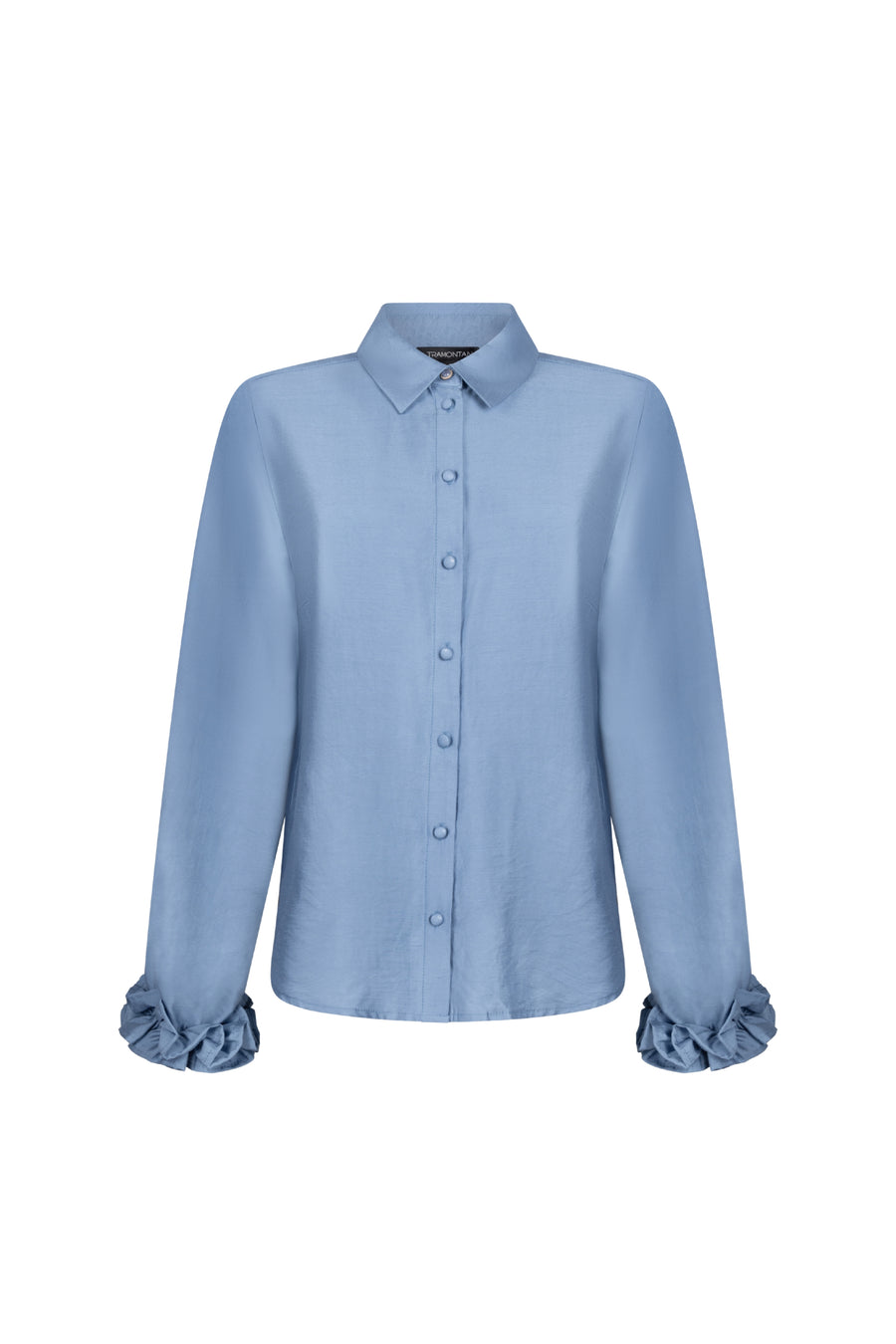 Blouse van Tramontana met geruffleerde manchetten in Moody Blue, close-up van de details en stijl van de blouse
