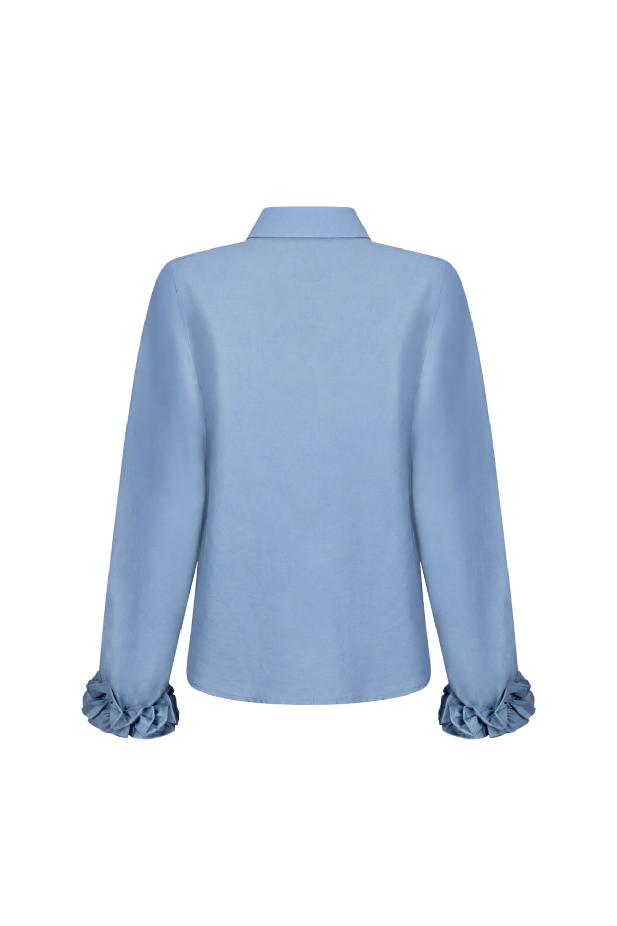 Blouse van Tramontana met gerimpelde manchetten in Moody Blue, elegante damesblouse met ruffles en lange mouwen.