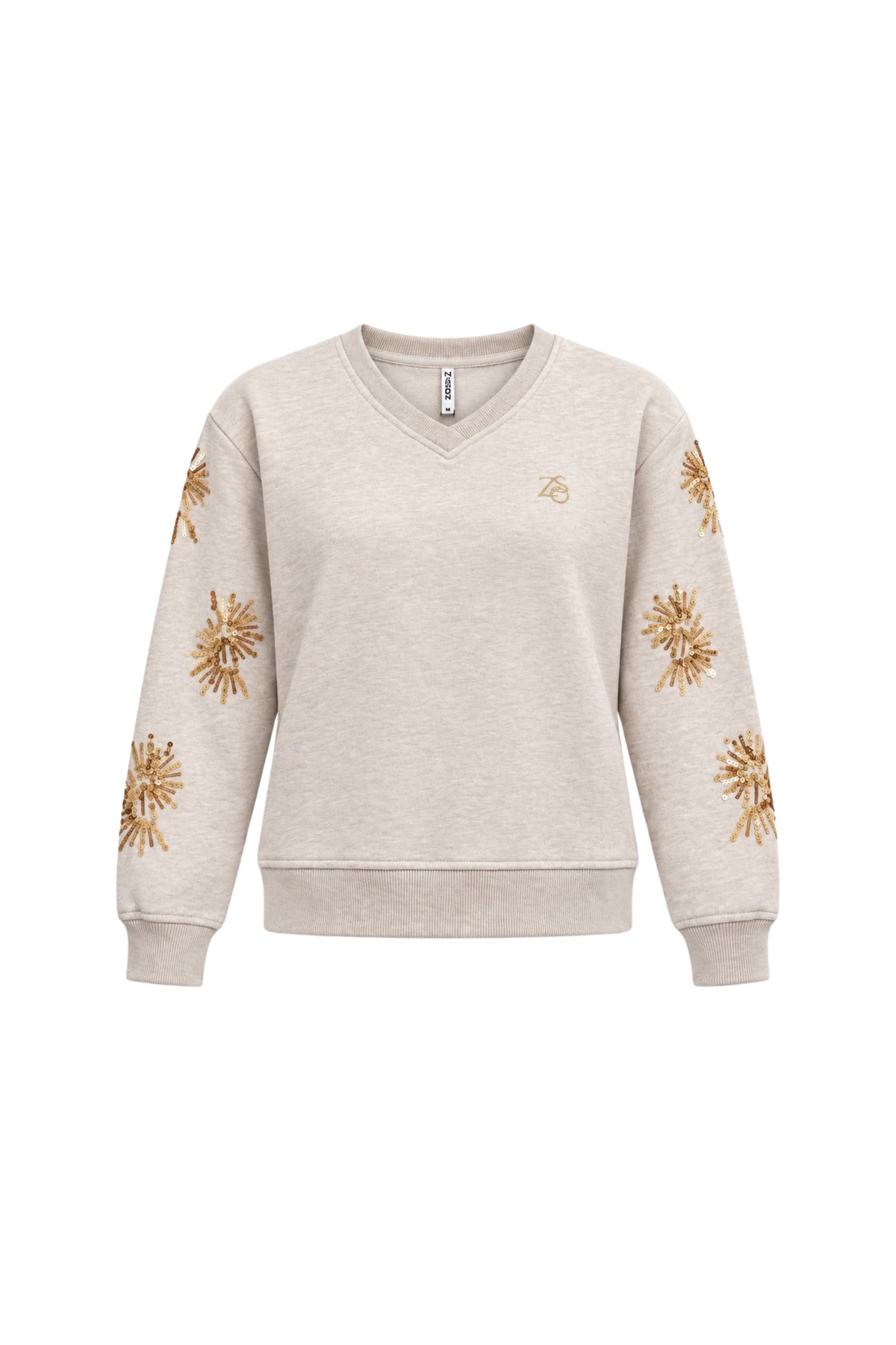 Zoso Goldy beige melange sweater met ronde hals en lange mouwen, stijlvolle en comfortabele damestrui op een witte achtergrond
