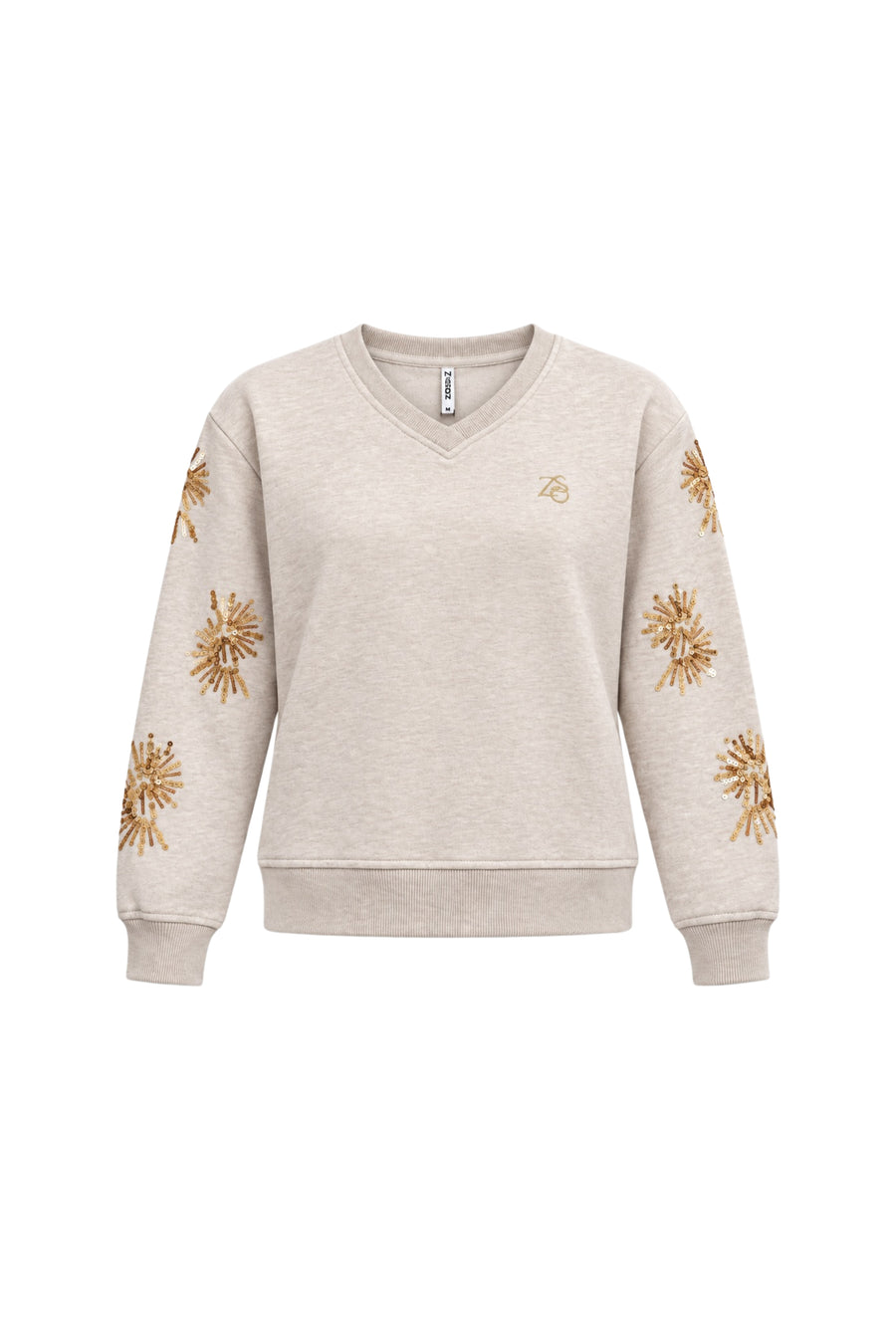 Zoso Goldy beige melange sweater met ronde hals en lange mouwen, stijlvolle en comfortabele damestrui op een witte achtergrond