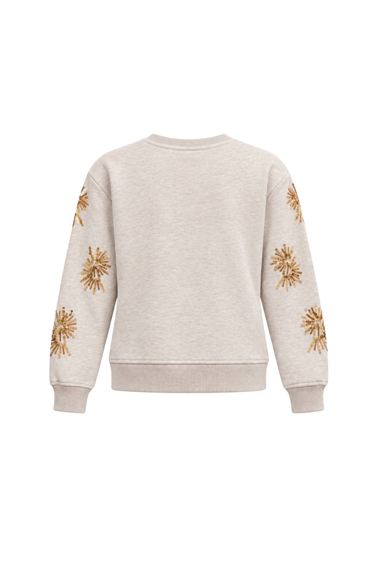 Zoso Goldy beige melange sweater met ronde hals en zachte stof, gedragen door een model op een lichtgekleurde achtergrond.