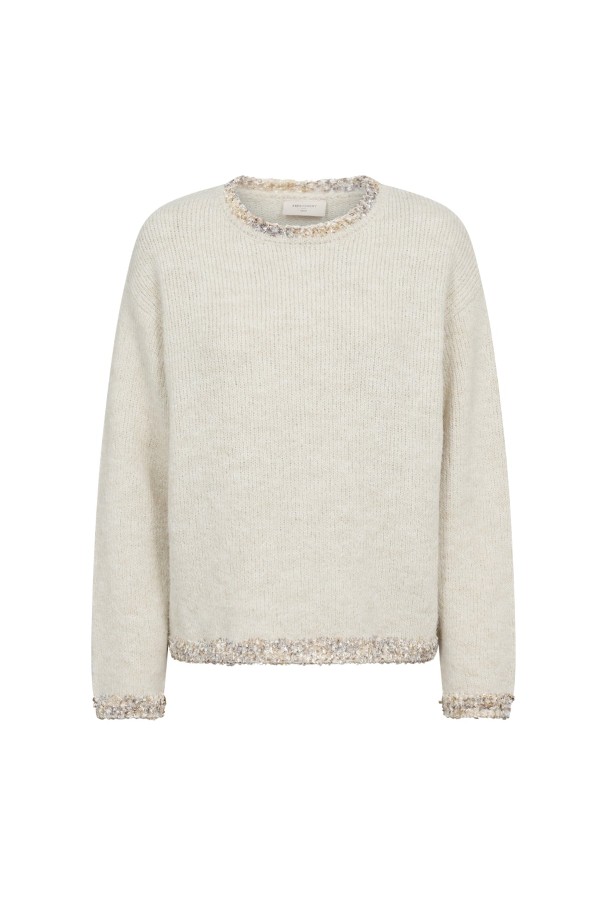 Grijze trui Fqfrida Moonbeam Melange van Freequent, zachte stof en comfortabele pasvorm, getoond op een model.