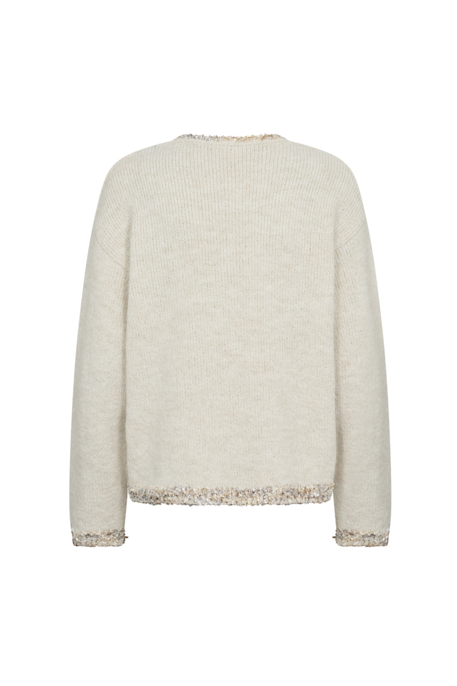 Groene melange trui Fqfrida Moonbeam van Freequent, zachte stof, ronde hals en lange mouwen, gedragen door een model.