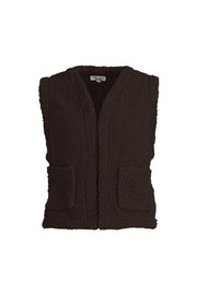 Donkerbruine teddy gilet van Enjoy, zachte stof, getailleerd model met knopen, zichtbaar op de afbeelding.