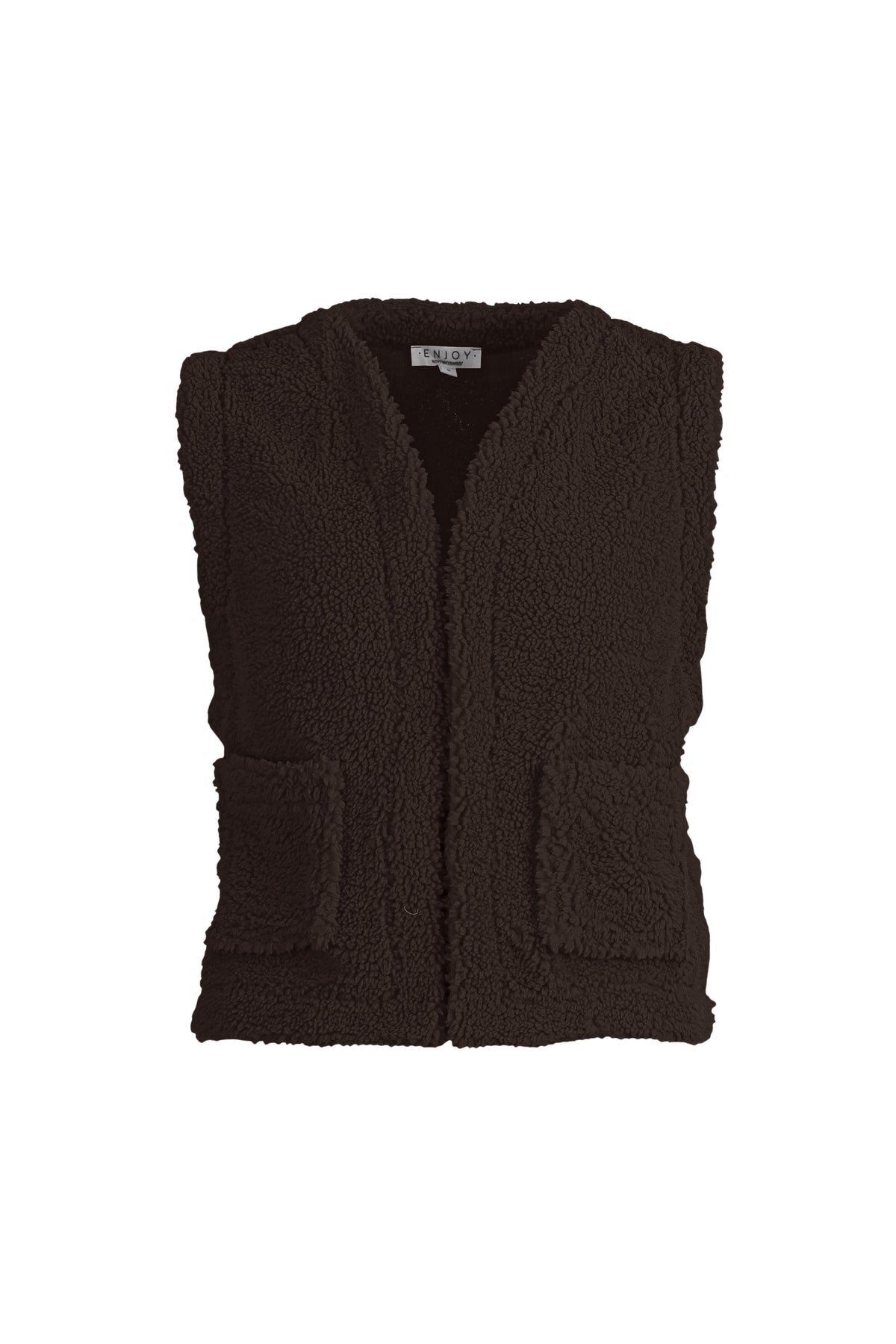 Donkerbruine teddy gilet van Enjoy, zachte stof, getailleerd model met knopen, zichtbaar op de afbeelding.