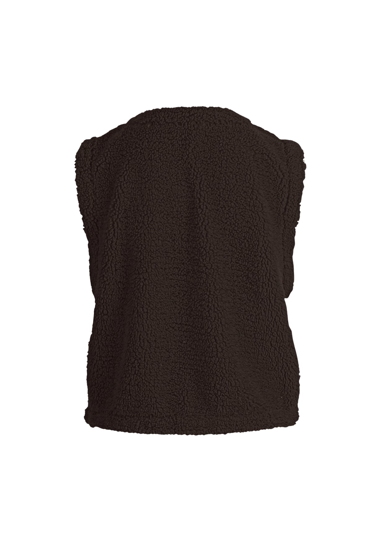 Donkerbruine teddy gilet van Enjoy, zachte voering en comfortabele pasvorm, close-up van het modieuze heren gilet.