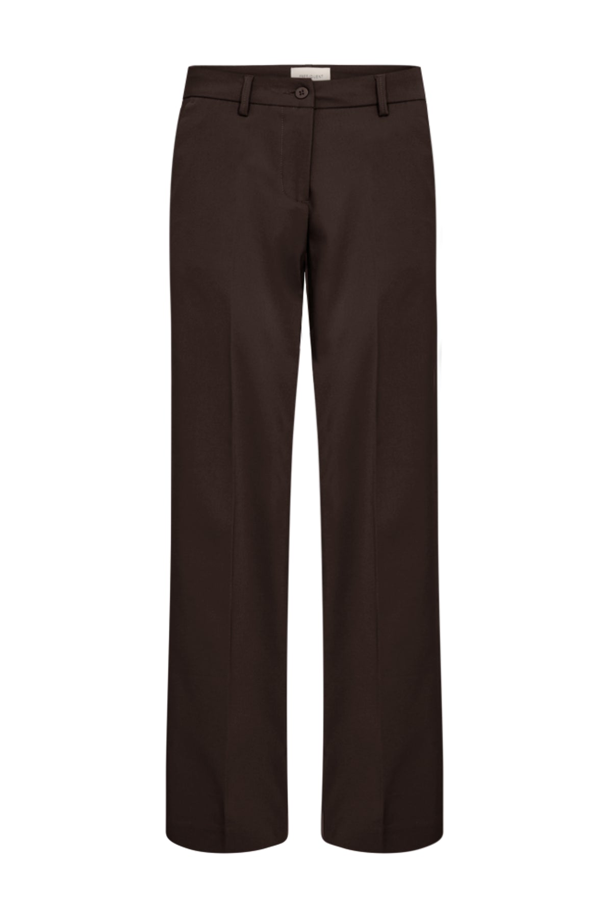 Donkere Freequent Fqisadora Mole 205042 broek met rechte snit en elastische taille, gedragen door een model.