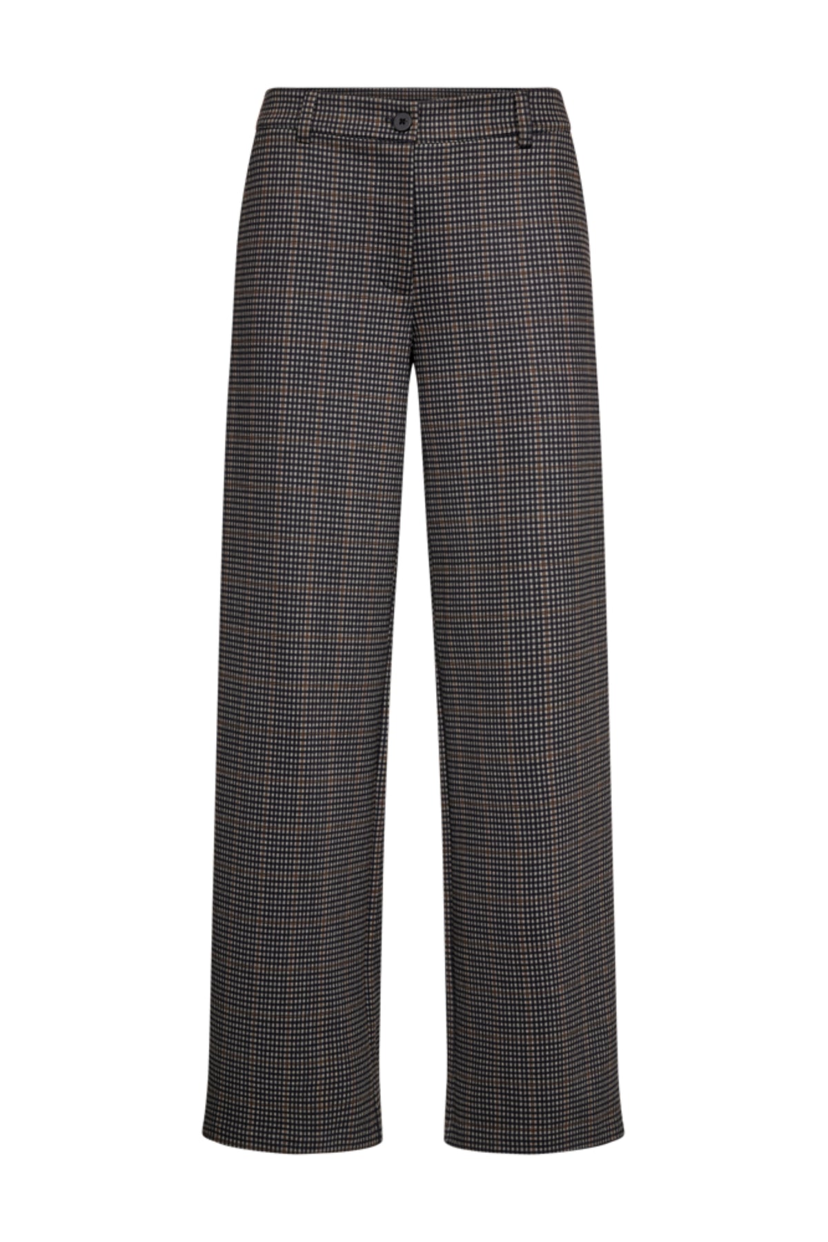 Taupe en zwarte broek van Freequent Fqnaduva Desert met een losse pasvorm en elastische taille, zichtbaar in de afbeelding.