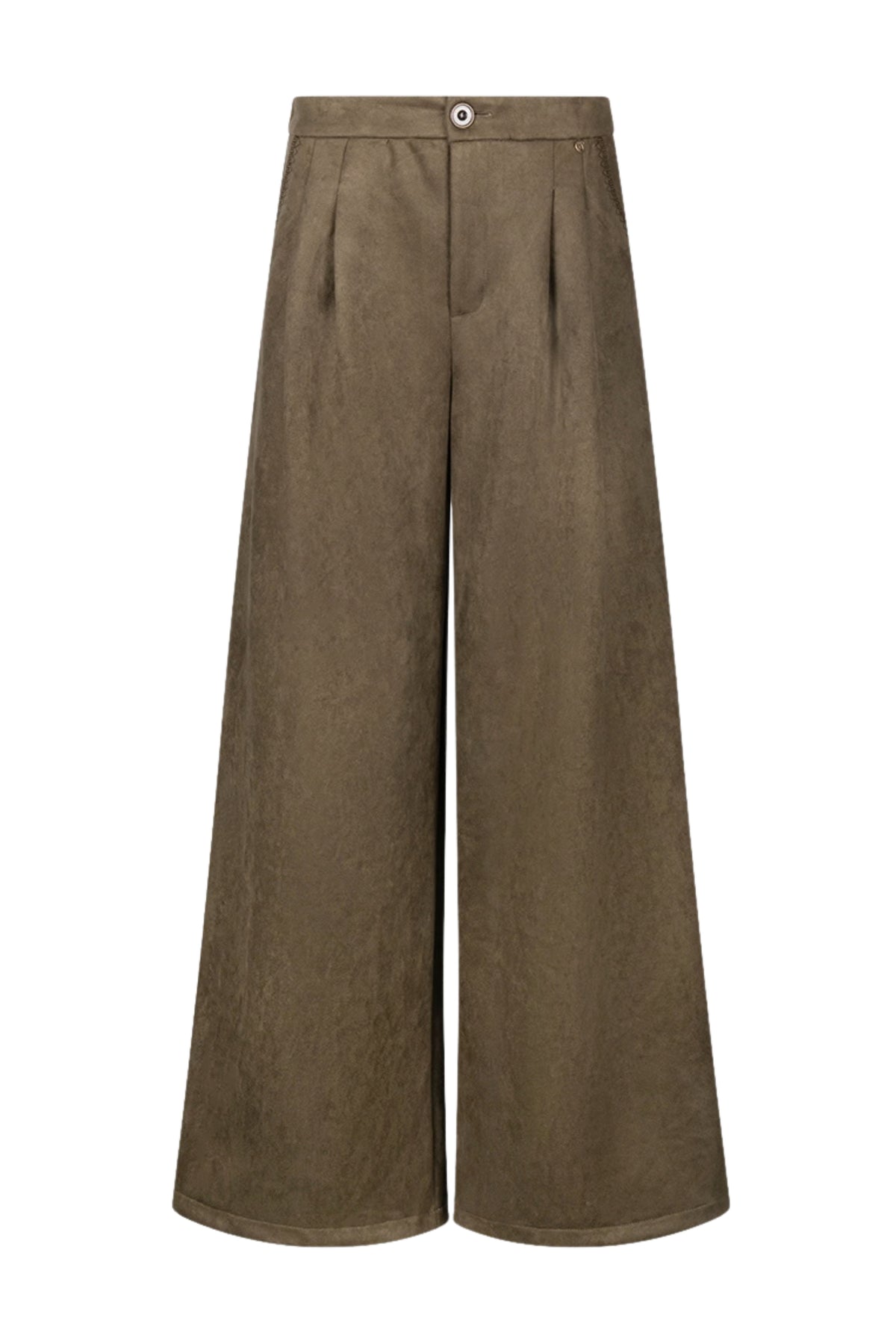 Nukus Bodine Suede Moss broek, lichtgroene suède stof, modieus en comfortabel, zichtbaar in de afbeelding.