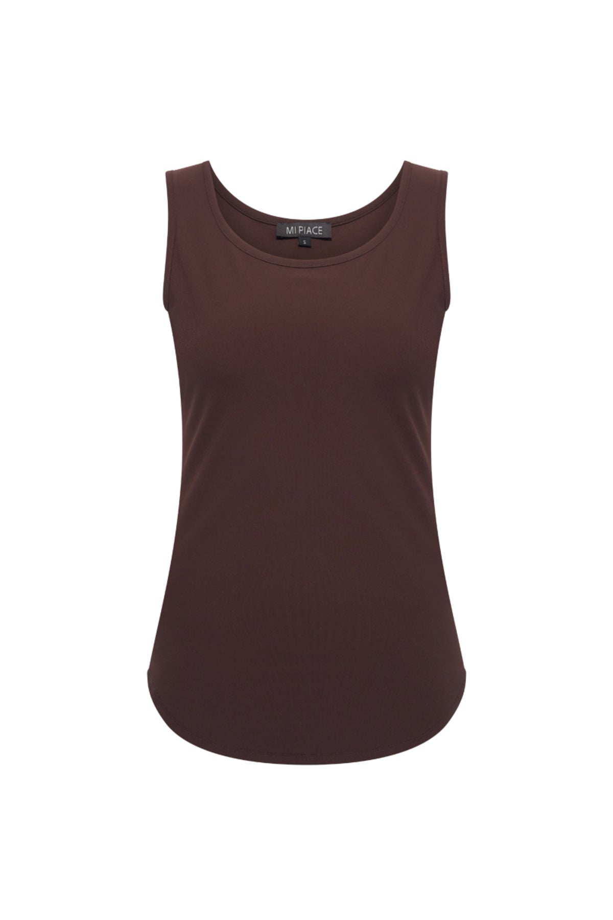 Mi Piace Travel Top Espresso, stijlvolle top in zwart met ronde hals en korte mouwen, geschikt voor casual en reisstijlen.