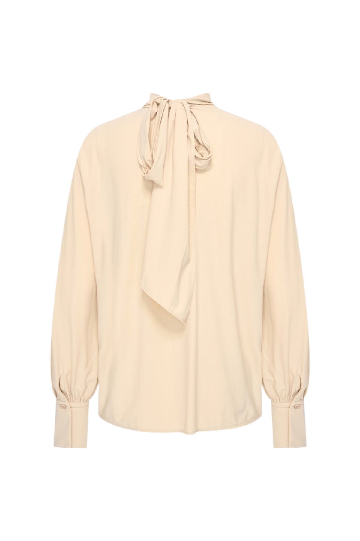 Lichte reisblouse met strikdetail in zandkleur van Mi Piace, geschikt voor casual en zakelijke gelegenheden.