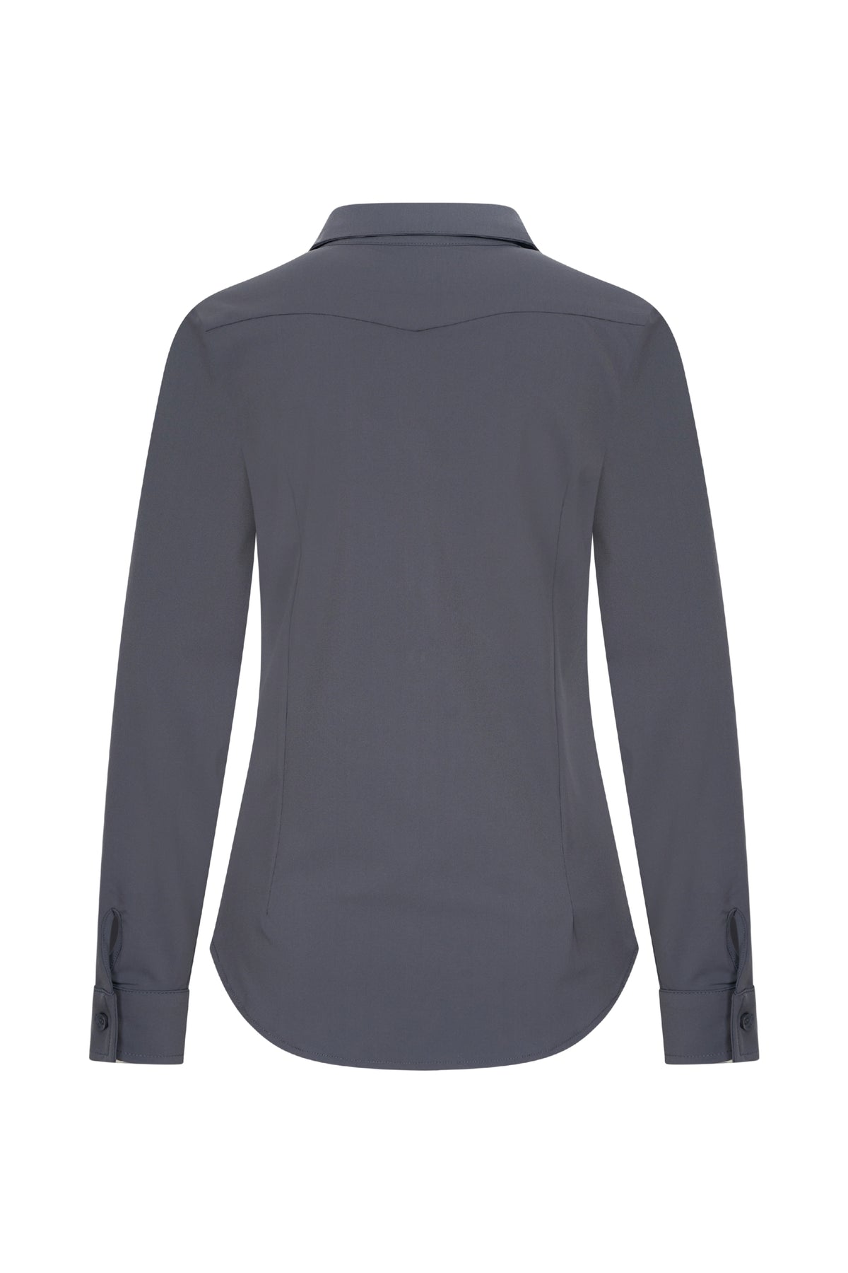 Donkere grijze reisblouse van Mi Piace, casual blouse met lange mouwen en knoopsluiting, geschikt voor reizen en dagelijks gebruik.