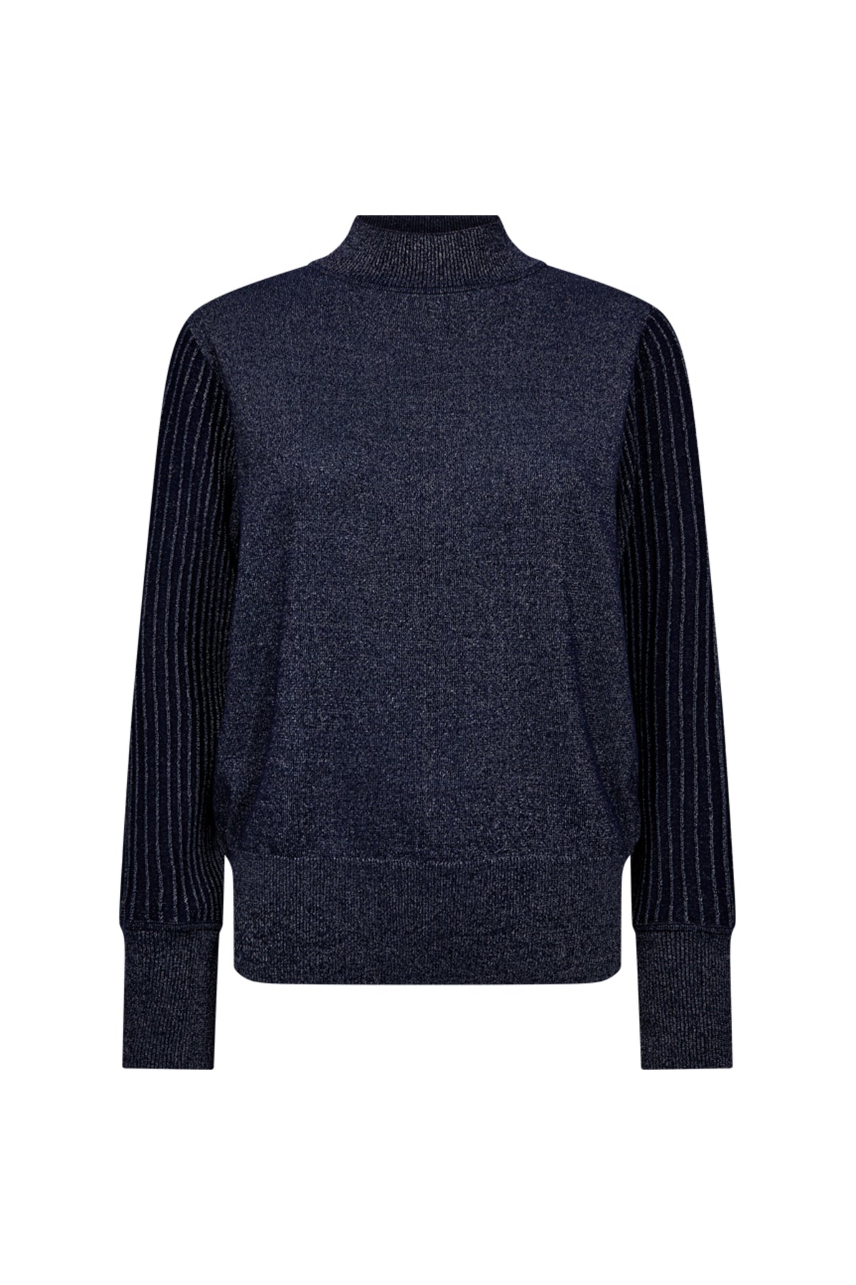 Navy blauwe trui Fqbisolo van Freequent, getoond op een model, met ronde hals en zachte stof.
