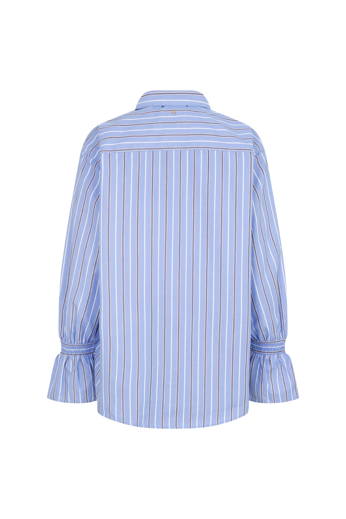 Blouse Talya Tie Ibana in blauw, stijlvolle kantoorblouse met strikdetail, zichtbaar op model met lange mouwen.